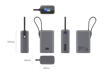 جودا - شاحن متنقل بسعة 25 الف ملي أمبير بقوة 100 واط بمنفذ تايب سي ومنفذ usb وكيبل تايب سي مدمج - رمادي