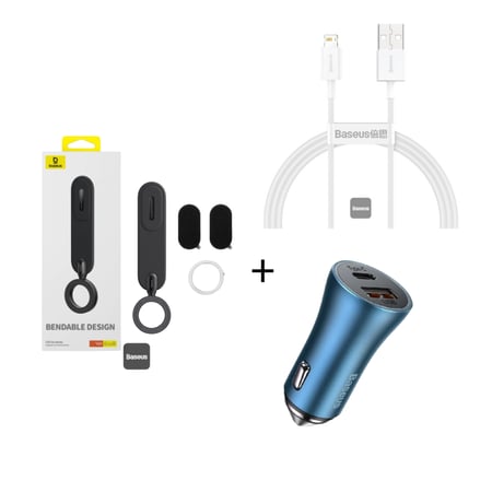 بكج العيد بيسوس - شاحن سيارة 60 واط + حامل جوال 360 درجة + كيبل يو اس بي لايتينج