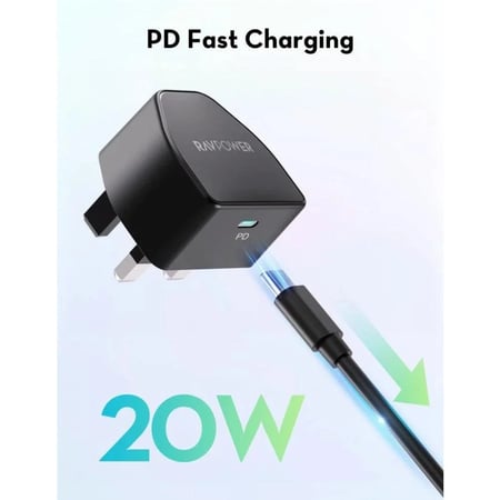 راف باور - بكج بطارية بقوة 20 واط بسعة 20000 ملي امبير و شاحن جداري بقوة 20 واط و سلك تايب الى تايب سي بطول 1 متر