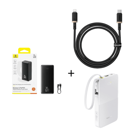 بكج العيد بيسوس - باور بانك بسعة 27600 امبير امبير بقوة 20 واط + باور بانك 10000 كيبل مدمج تايب سي + كيبل تايب سي لايتينج