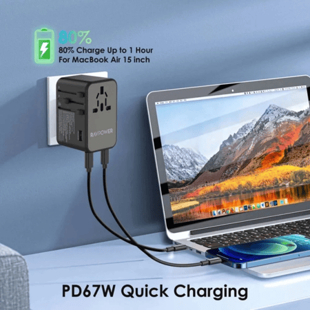 راف باور - فيش سفر بقوة 75 واط متعدد المداخل مع ثلاث منافذ تايب سي ومنفذ USB-A - اسود