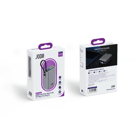 جودا - شاحن متنقل بسعة 25 الف ملي أمبير بقوة 100 واط بمنفذ تايب سي ومنفذ usb وكيبل تايب سي مدمج - رمادي