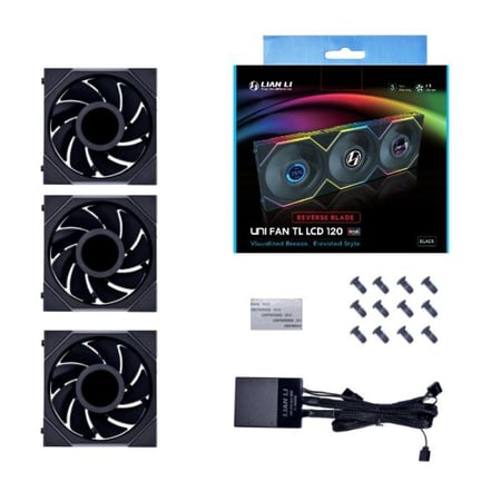 مراوح ليان لي UNI FAN TL LCD مع شاشة LCD 1.6 بوصة، شفرات عكسية, بحجم 120 ملم - أسود