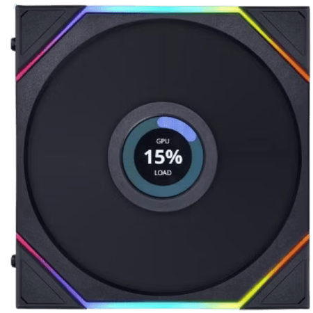 مراوح ليان لي UNI FAN TL LCD مع شاشة LCD 1.6 بوصة، شفرات عكسية, بحجم 120 ملم - أسود
