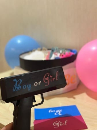 بوكس كشف الجنين يحتوي على مسدس اطلاق الورق +طوق+ وشاح + بلونات + تغريسات