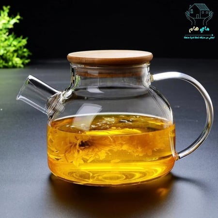 ابريق من زجاج البوروسيليكات الشفاف ضد الحرارة والنار بغطاء خشبي 1000 مل