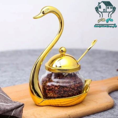 سكرية زجاج بغطاء مع ملعقة و استاند البطة العصري والمتميز، بارتفاع للإستاند 16 سم