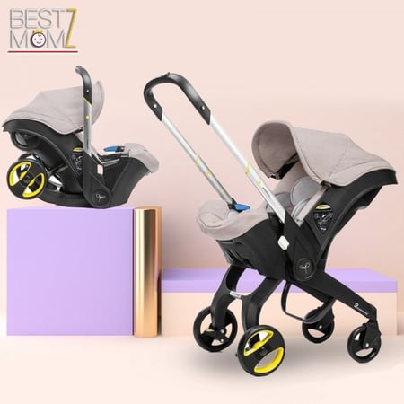عربة أطفال وكرسي سيارة -بيج