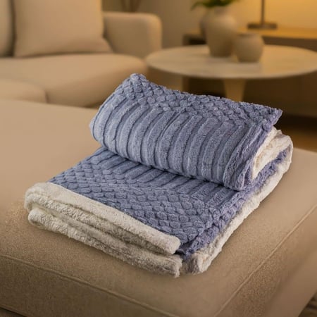 بطانية السعد مخمل فرو- مفرد ونص لون سماوي