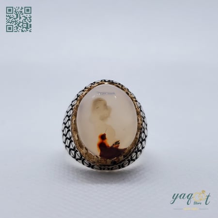 خاتم فضه مع عقيق يماني مصوّر مميز ونادر جداً