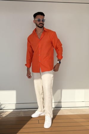 قميص كتان برتقالي رجالي كم طويل - Orange Linen Shirt
