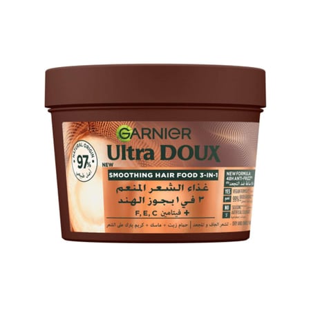 غارنييه ألترا دو غذاء الشعر المنعم 3في1 للشعر الجاف والمتجعد بالمكاديميا وجوز الهند 390ml