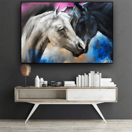 لوحة فن تجريدي زوجين خيول باللون الابيض و الاسود