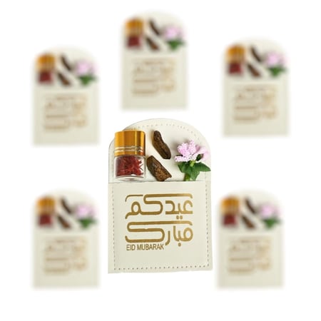 توزيعات جلد فاخر زعفران و عود عيدكم مبارك- ( 6 حبات - نصف درزن )