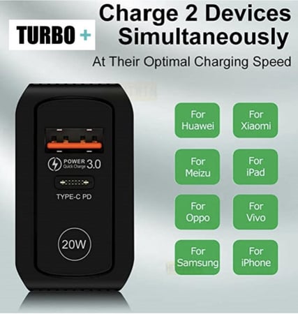 شاحن جداري 20W تيربو بلس بمنفذين شحن