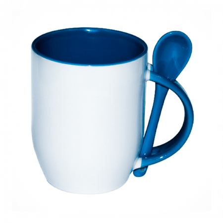 كوب سيراميك سادة أزرق مع ملعقة مخصص للطباعة الحرارية سبلميشن