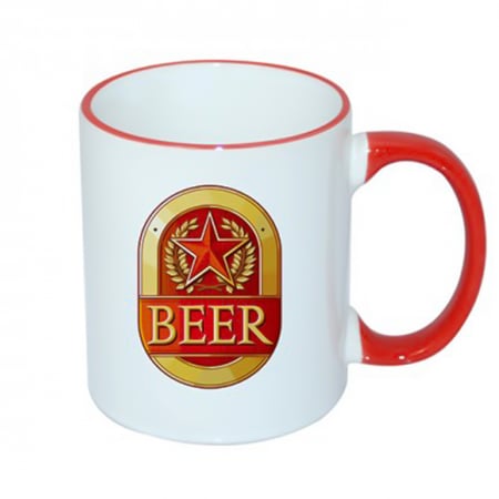 كوب أبيض سادة بمقبض أحمر يستخدم مع مكبس حراري للمشاريع المنزلية