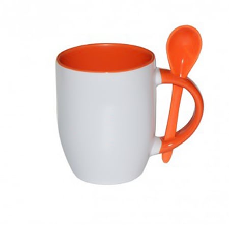 كوب سيراميك برتقالي مع ملعقة سادة مخصص للطباعة الحرارية السبلميشن