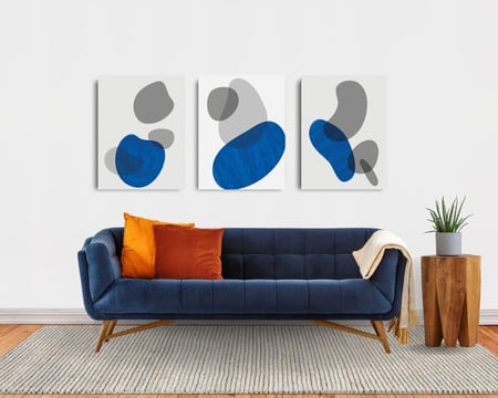 لوحة ثلاثية - فن تجريدي من لونى الازرق الداكن و الرمادى