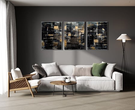 لوحة ثلاثية - فن تجريدي تداخل ألوان لعشاق اللون الأسود