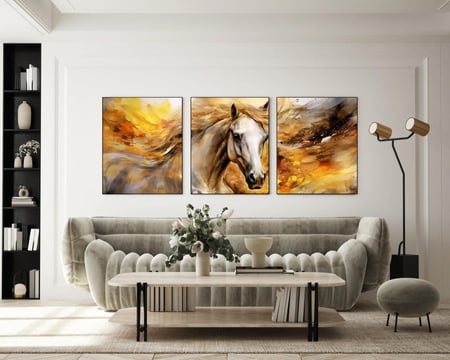لوحة ثلاثية - خيل مع فن تجريدي باستخدام اللون الذهبي والأسود