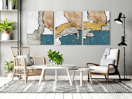 لوحة ثلاثية - فن تجريدي بشكل منسق للألوان الرمادي والأبيض والبرتقالي والبني