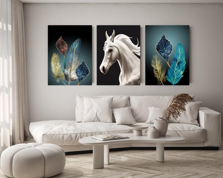 لوحة ثلاثية - فن تجريدي لأوراق الشجر مع خيل لون ابيض