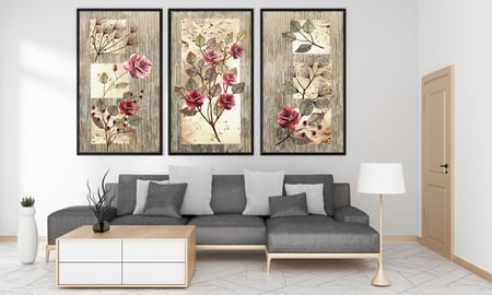 لوحة ثلاثية - فن تجريدي ورد احمر