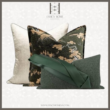 تنسيق مجموعه خداديات وكوشنز اخضر زيتي مشجر ذهبي وابيض اوف وايت