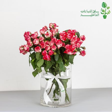 باقة ورد جوري بيبي روز مبرقشة مع فازة زجاجية وربطة فيونكة