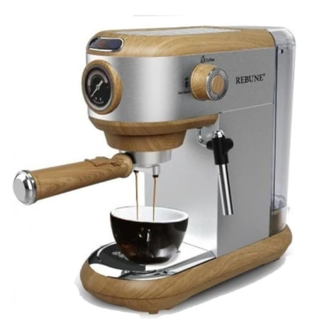 ريبون ماكينة قهوة اسبريسو 1 لتر - 1450 واط - 15 بار - رمادي وخشبي - RE-6-035