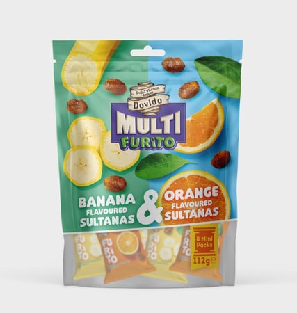 تسالي فوريتو - زبيب بنكهة الموز والبرتقال – Dovido Multi Furito (عبوة 112 جم - 8 أكياس صغيرة)