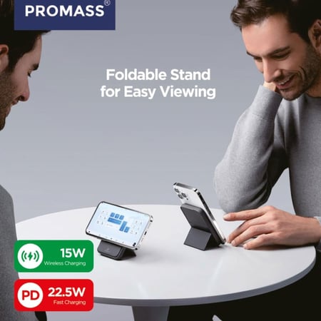 شاحن متنقل مدمج بشاحن لاسلكي مع استاند - من ماركة PROMASS بسعة 10000 مللي امبير