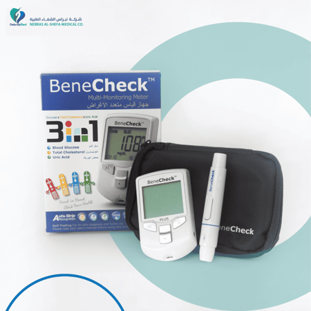جهاز BeneCheck مع شرائط جلوكوز وشرائط كوليسترول وشرائط يوريك أسيد