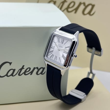 ساعة رجالي ربل اطار فضي سير اسود ميناء ابيض