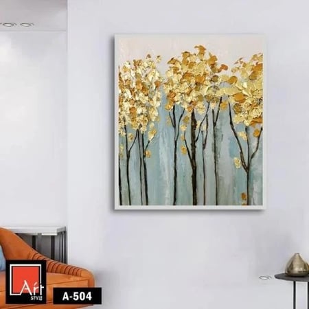 A504 لوحة تجريدية عصرية تصور غابة من الأشجار ذات الأوراق الذهبية على خلفية رمادية فاتحة. تعكس اللوحة إحساسًا بالهدوء والسكينة، وتنقل إحساسًا بالفخامة والأناقة.