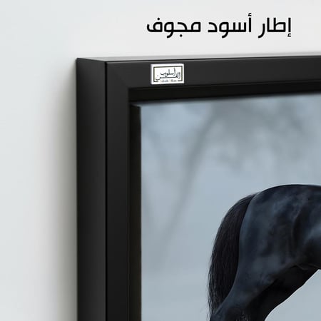 HR251 لوحة فنية معاصرة تصور حصاناً أسوداً يقف وسط ضباب كثيف، مما يخلق جوًا من الغموض والجمال. تعكس اللوحة هدوء الطبيعة وقوة الحصان، وتستخدم الألوان الداكنة والضباب لتأثير بصري عميق.