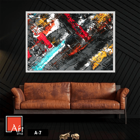 A-7 "لوحة تجريدية فنية بألوان جريئة تناسب جميع المساحات الداخلية، تتميز بتباين جذاب للألوان لتضفي لمسة عصرية وأنيقة على المكان."