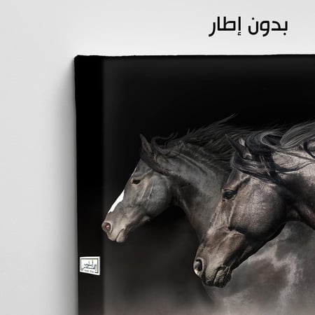 HR60 لوحة فنية معاصرة بالأبيض والأسود تصور ثلاثة أحصنة سوداء جميلة، رؤوسها متجهة نحو نفس الاتجاه، مع خلفية ضبابية. المشهد يعبر عن القوة والوحدة.