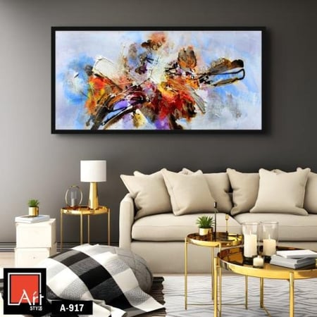 A917 لوحة فنية تجريدية معاصرة بألوان زاهية ومتنوعة، تصور تكوينًا مجردًا من الخطوط والأشكال، تعكس الحيوية والطاقة.