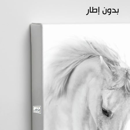 HR106 لوحة فنية معاصرة تصور حصانًا أبيضًا جميلاً برأس منخفض، يظهر وكأنه يفكر أو يستمع. تعكس اللوحة هدوء الحصان وقوته، وتضفي شعوراً بالسلام والأنوثة على أي مساحة.