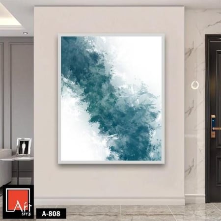 A808 لوحة مجردة بألوان مائية هادئة، تصور سحابة من الألوان الزرقاء الفاتحة على خلفية بيضاء نقية.