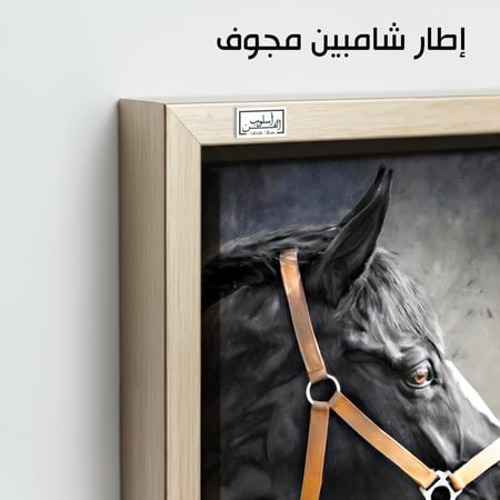 HR119 لوحة فنية بالأبيض والأسود تصور رأس حصان أسود جميل، يبرز لمعان فروه وعمق عينيه على خلفية رمادية داكنة.