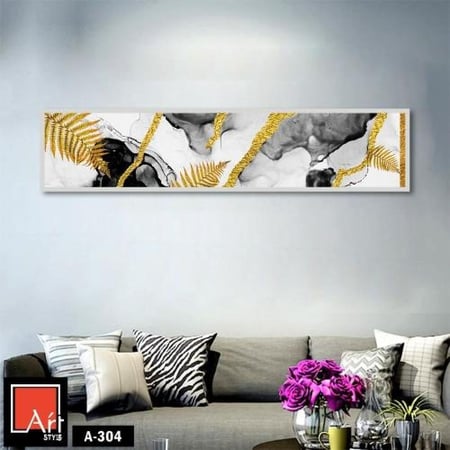 A304 لوحة فنية رائعة تضم تدرجات اللونين الأسود والذهبي مع تصوير ورق نباتات. تضيف لمسة من الأناقة والرفاهية لأي مساحة.