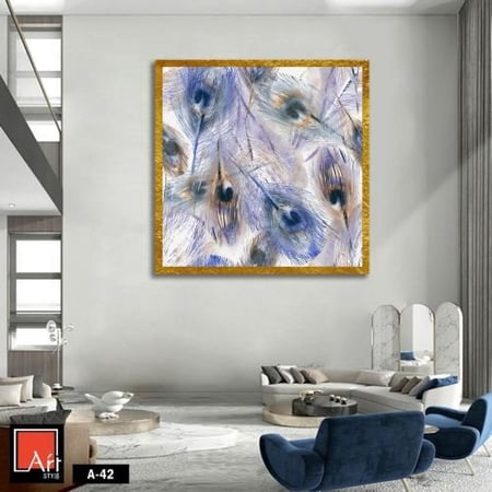 A-42 " لوحة فنية أنيقة بتصميم ريش الطاووس بألوان هادئة تجمع بين الأزرق والبنفسجي، تضفي لمسة من الرقي والجمال على المساحات الداخلية."