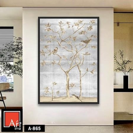 A865  لوحة فنية هادئة تصور شجرة عتيقة بأوراق ذهبية وطيور تحلق حولها، تعكس جمال الطبيعة والهدوء.