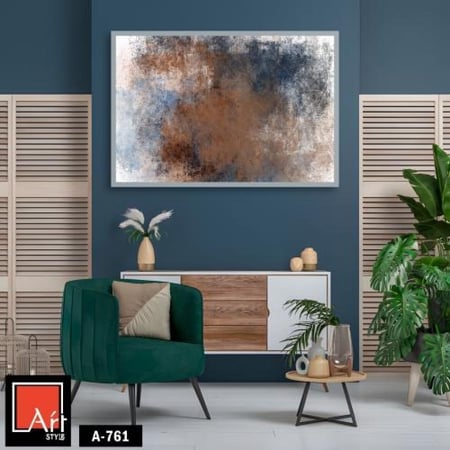 A761 لوحة فنية تجريدية هادئة تتميز بمزيج من الألوان الترابية والزرقاء، حيث تتداخل الخطوط والمساحات اللونية بشكل عشوائي، مما يخلق إحساسًا بالعمق والغموض.