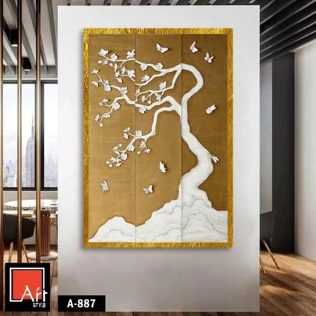 A887 لوحة فنية ثلاثية الأبعاد تصور شجرة مزهرة تحيط بها فراشات، تعكس جمال الطبيعة وروعة الحياة.