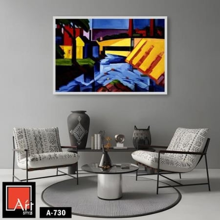 A730 لوحة فنية تجريدية تعكس منظر طبيعي بألوان زاهية وبسيطة، حيث تبرز المباني الملونة على ضفاف نهر متعرج، مما يخلق إحساسًا بالهدوء والانسجام مع الطبيعة.