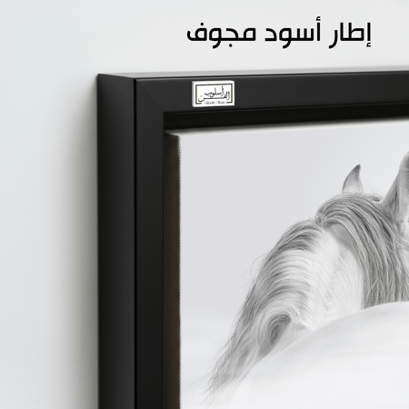 HR73 لوحة فنية معاصرة بالأبيض والأسود تصور رأس حصان أبيض جميل من الخلف، مع تركيز على لجام وعيون الحصان. تعكس اللوحة نقاء وجمال الحصان، وتضفي شعوراً بالهدوء والرقي على أي مساحة.